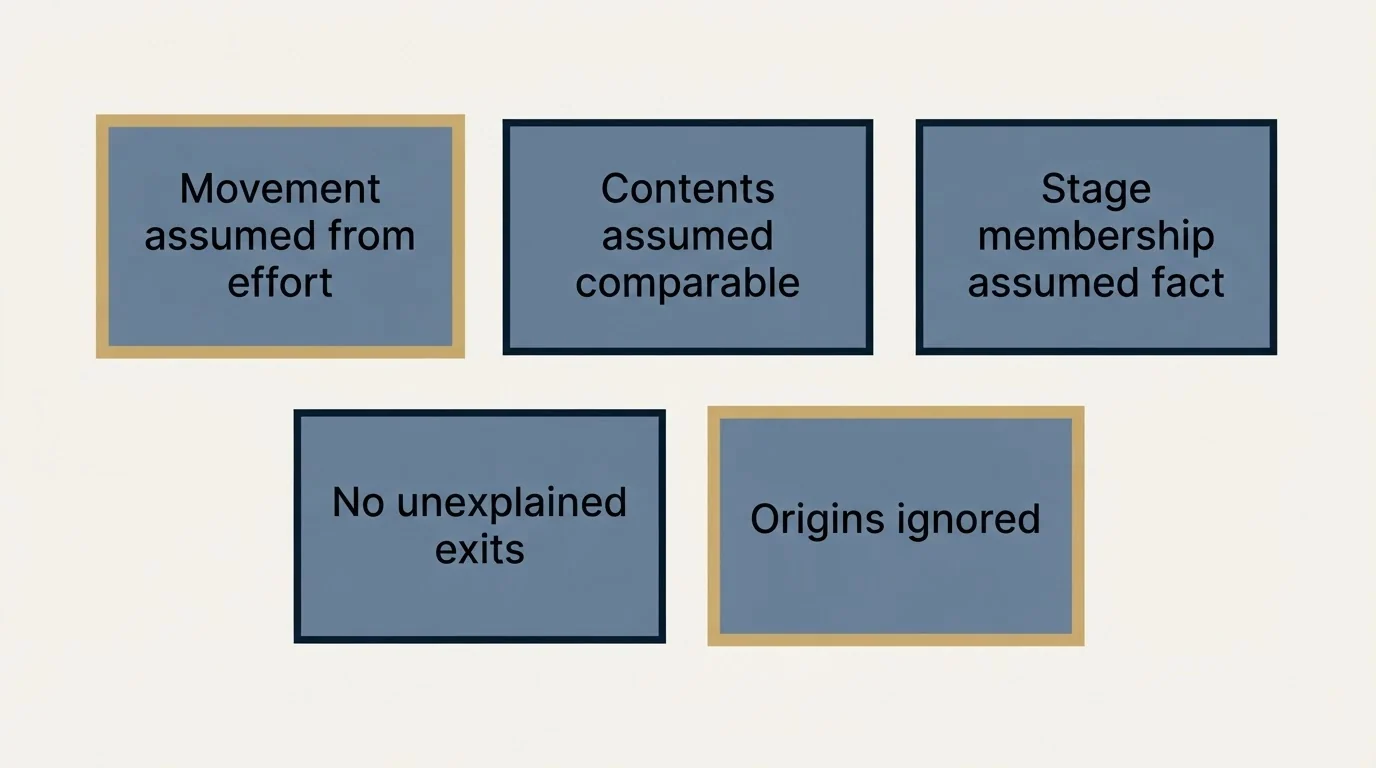 Schematic: Why the general reading misleads (Movement assumed from effort, Contents assumed comparable, Stage membership assumed fact, No unexplained exits)