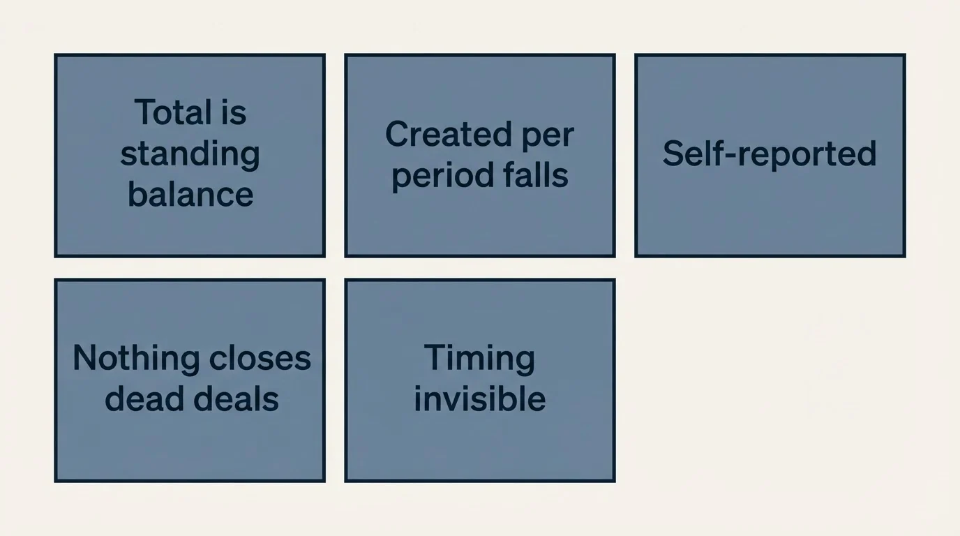 Schematic: Why it matters: the total is the least informative number (Total is standing balance, Created per period falls, Self-reported, Nothing closes dead deals)