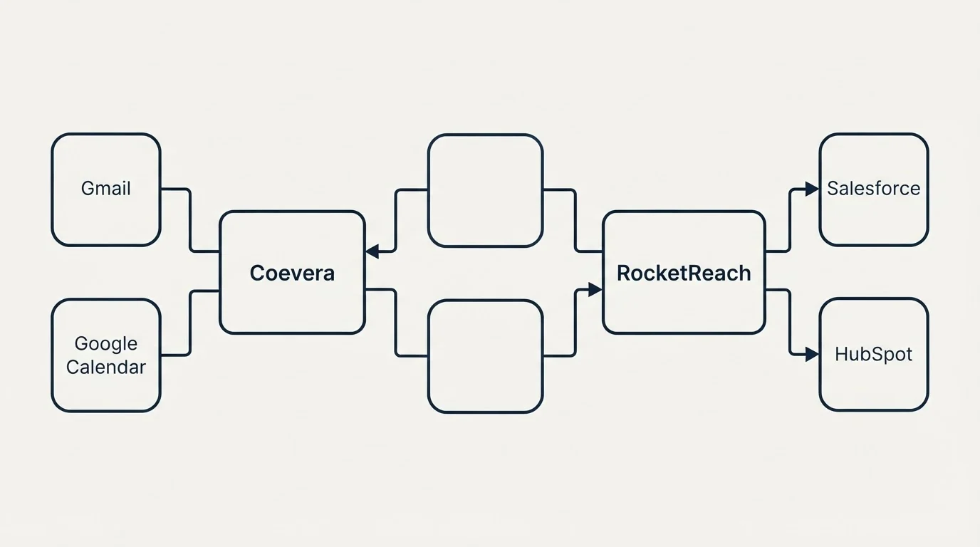 Integration schematic: Integration Ecosystem (Coevera, RocketReach, Gmail, Salesforce)