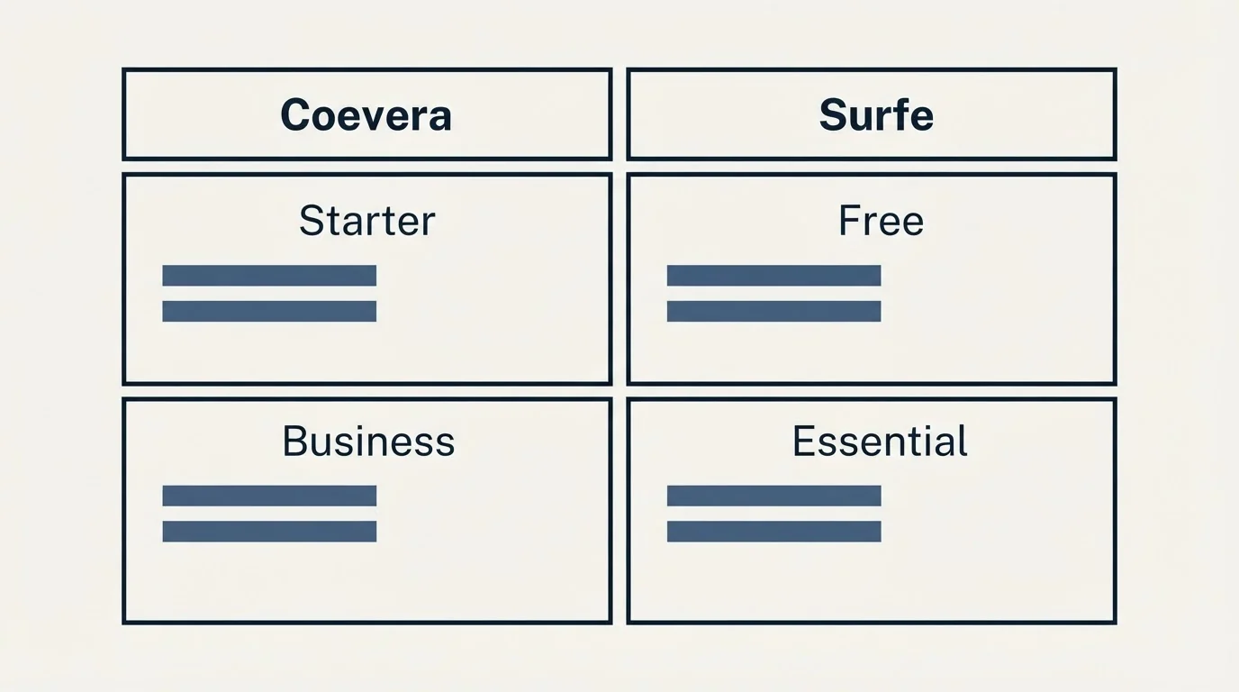 Pricing table: Pricing Comparison (Coevera, Surfe, Starter, Free)