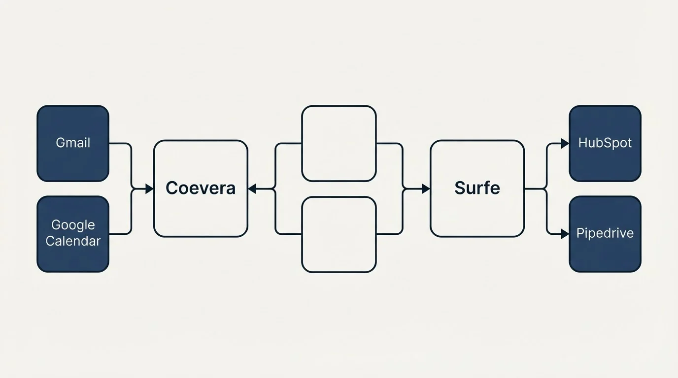 Integration schematic: Integration Ecosystem (Coevera, Surfe, Gmail, HubSpot)