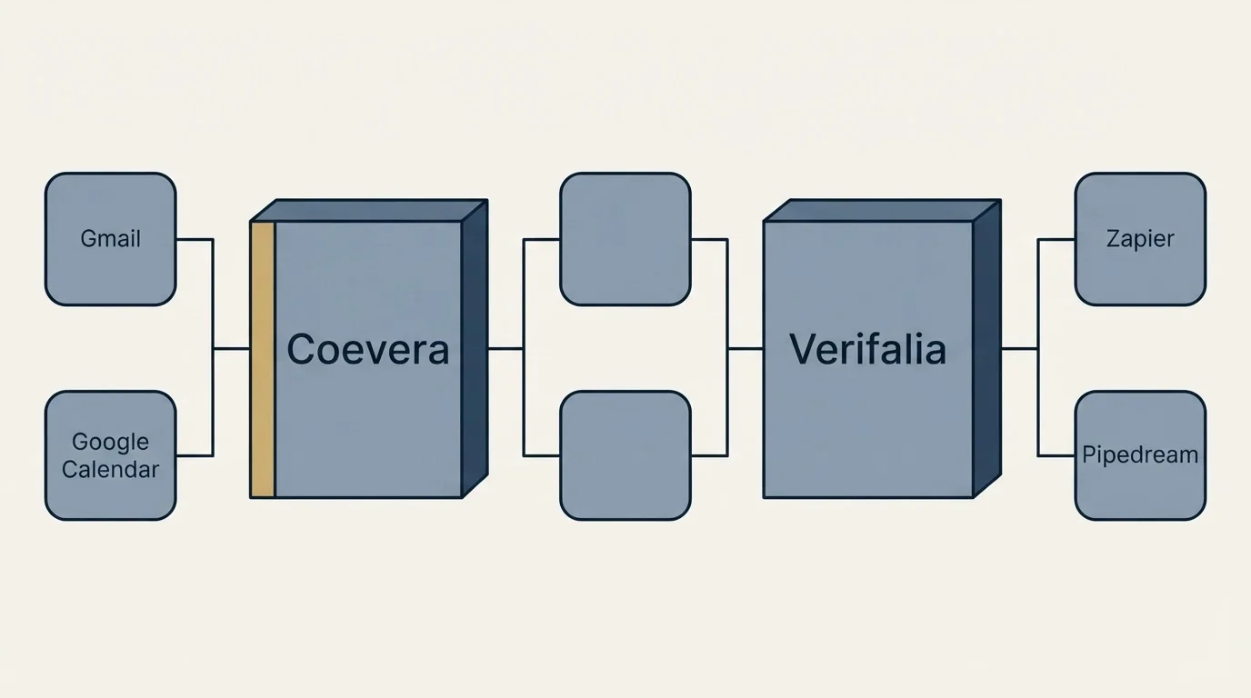 Integration flow: Integration Ecosystem (Coevera, Verifalia, Gmail, Zapier)