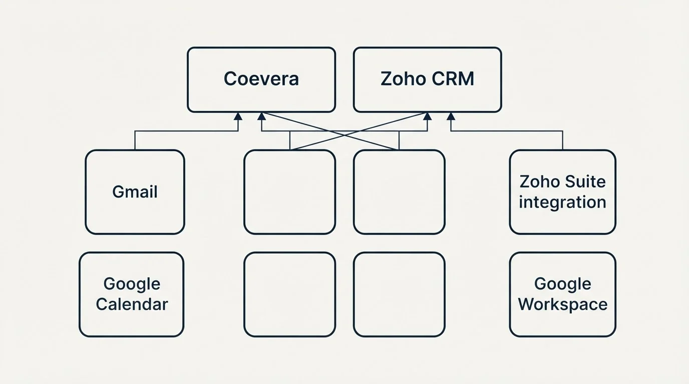 Integration grid: Integration Ecosystem (Coevera, Zoho CRM, Gmail, Zoho Suite integration)