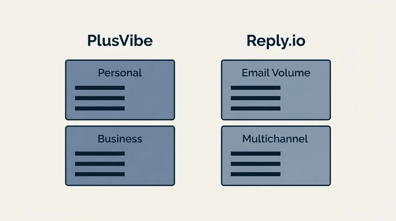 Pricing panels: Pricing Comparison (PlusVibe, Reply.io, Personal, Email Volume)
