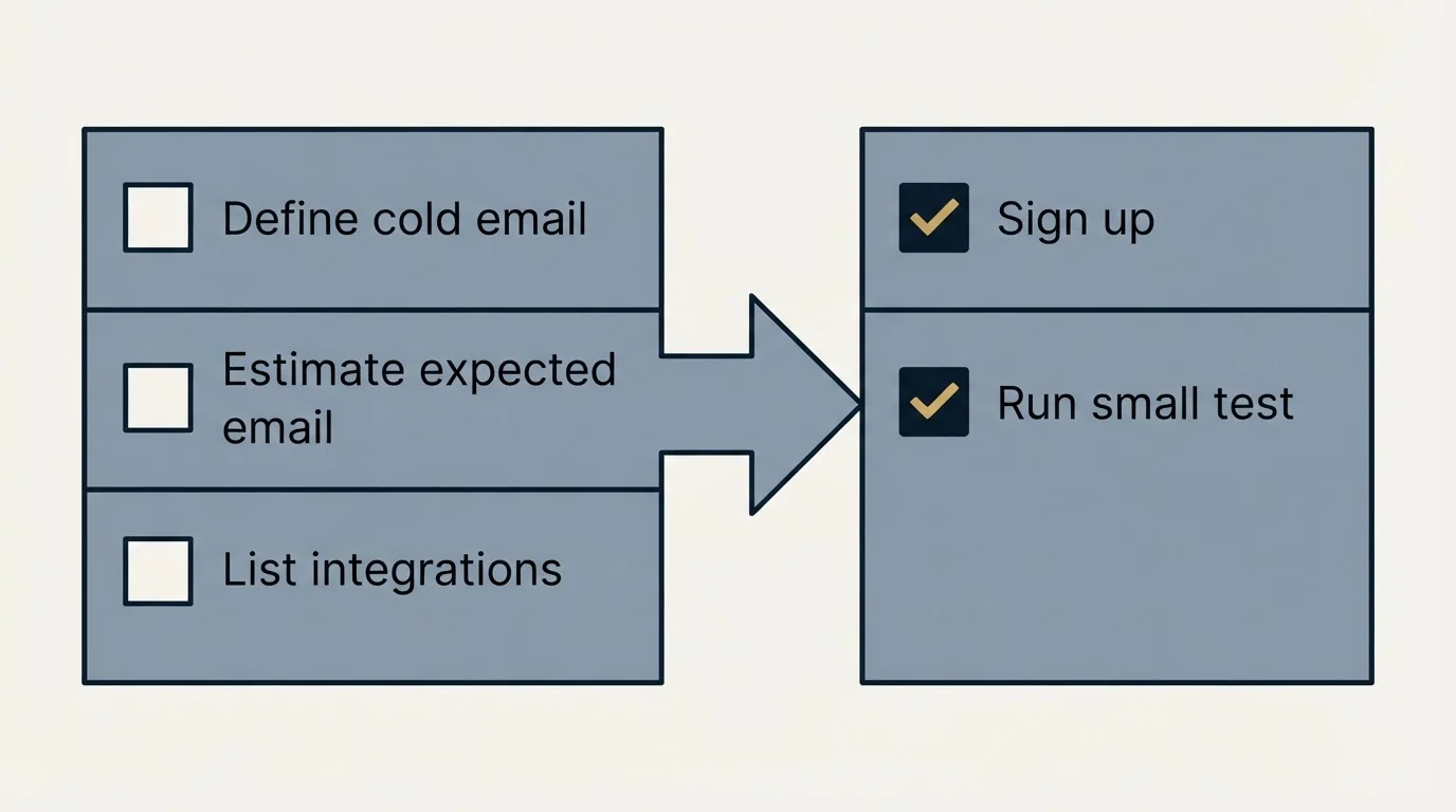 Before-and-after steps: Getting Started Checklist (Define cold email, Estimate expected email, List integrations, Sign up)