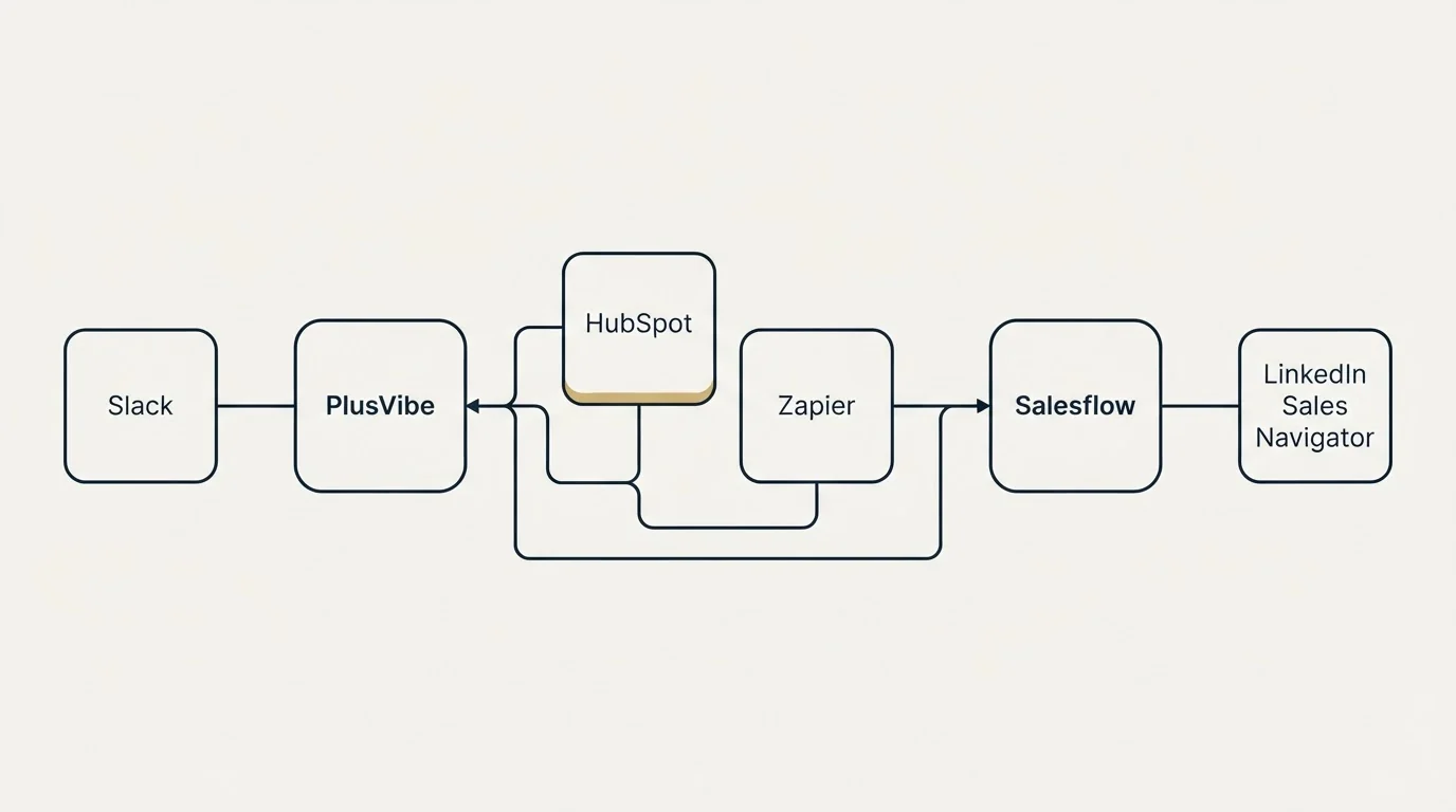 Integration schematic: Integration Ecosystem (PlusVibe, Salesflow, HubSpot, Zapier)