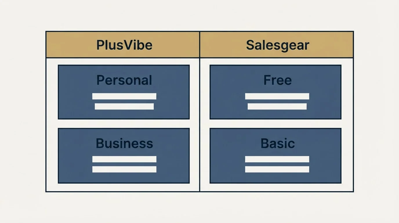 Pricing table: Pricing Comparison (PlusVibe, Salesgear, Personal, Free)