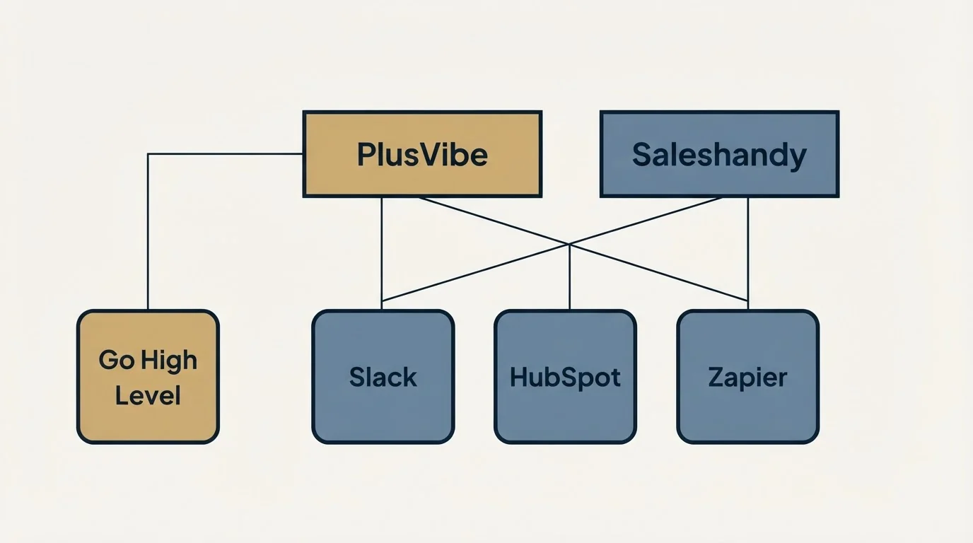 Integration grid: Integration Ecosystem (PlusVibe, Saleshandy, Slack, HubSpot)