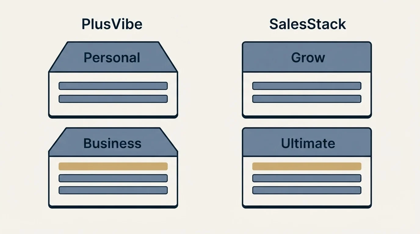 Pricing panels: Pricing Comparison (PlusVibe, SalesStack, Personal, Grow)