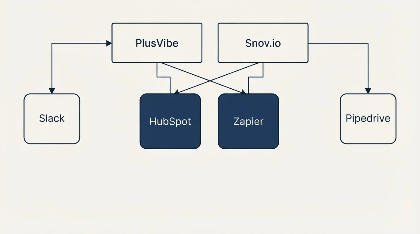 Integration grid: Integration Ecosystem (PlusVibe, Snov.io, HubSpot, Zapier)