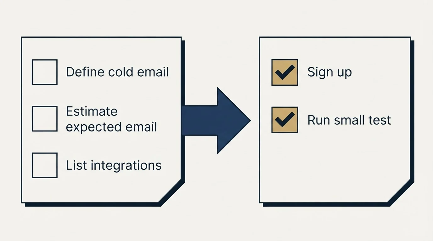 Before-and-after steps: Getting Started Checklist (Define cold email, Estimate expected email, List integrations, Sign up)