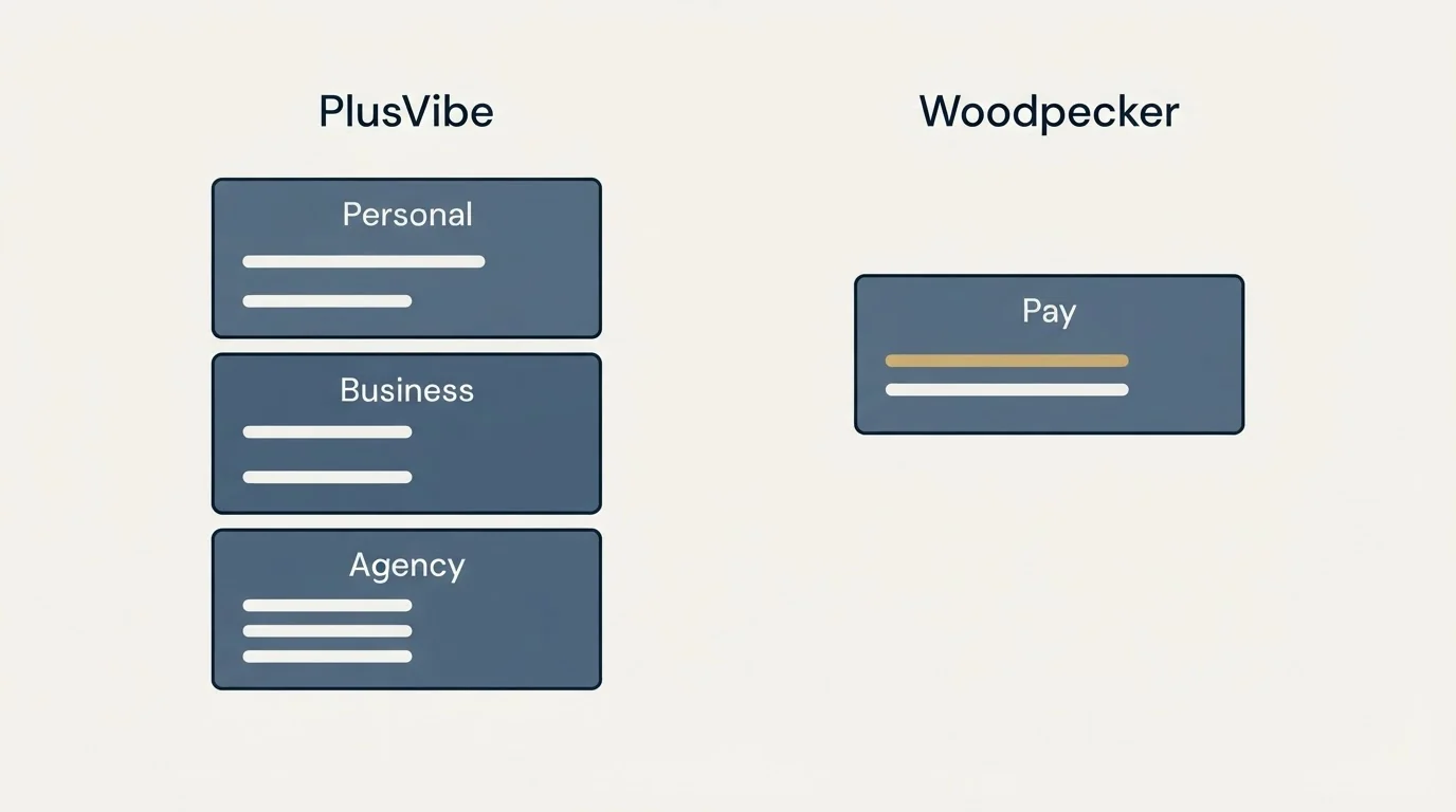 Pricing panels: Pricing Comparison (PlusVibe, Woodpecker, Personal, Pay)