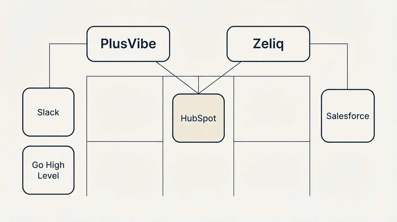 Integration grid: Integration Ecosystem (PlusVibe, Zeliq, HubSpot, Slack)