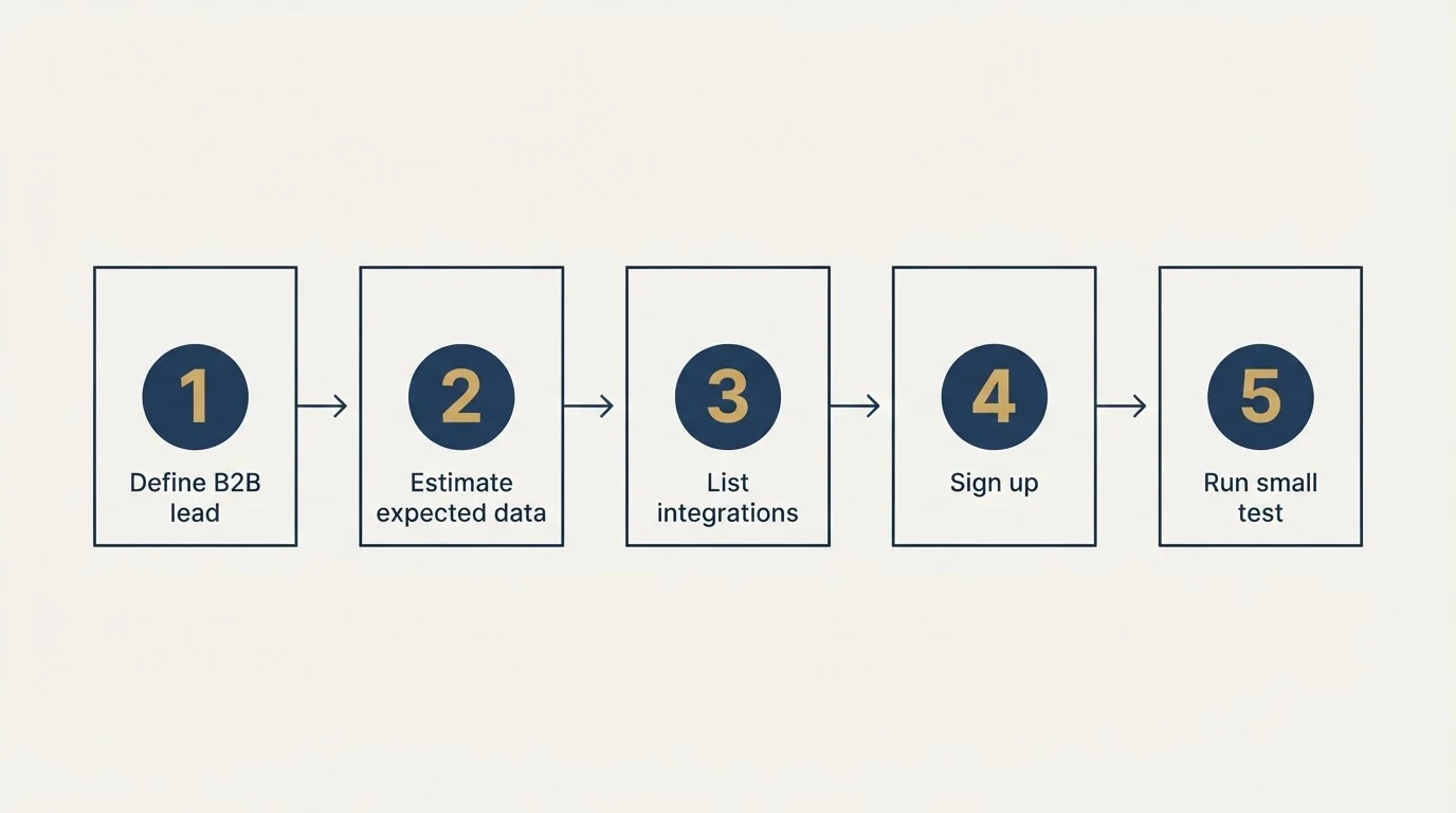 Step sequence: Getting Started Checklist (Define B2B lead, Estimate expected data, List integrations, Sign up)