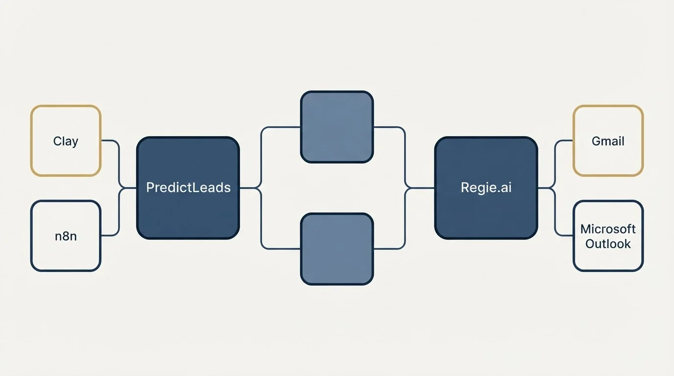 Integration schematic: Integration Ecosystem (PredictLeads, Regie.ai, Clay, Gmail)