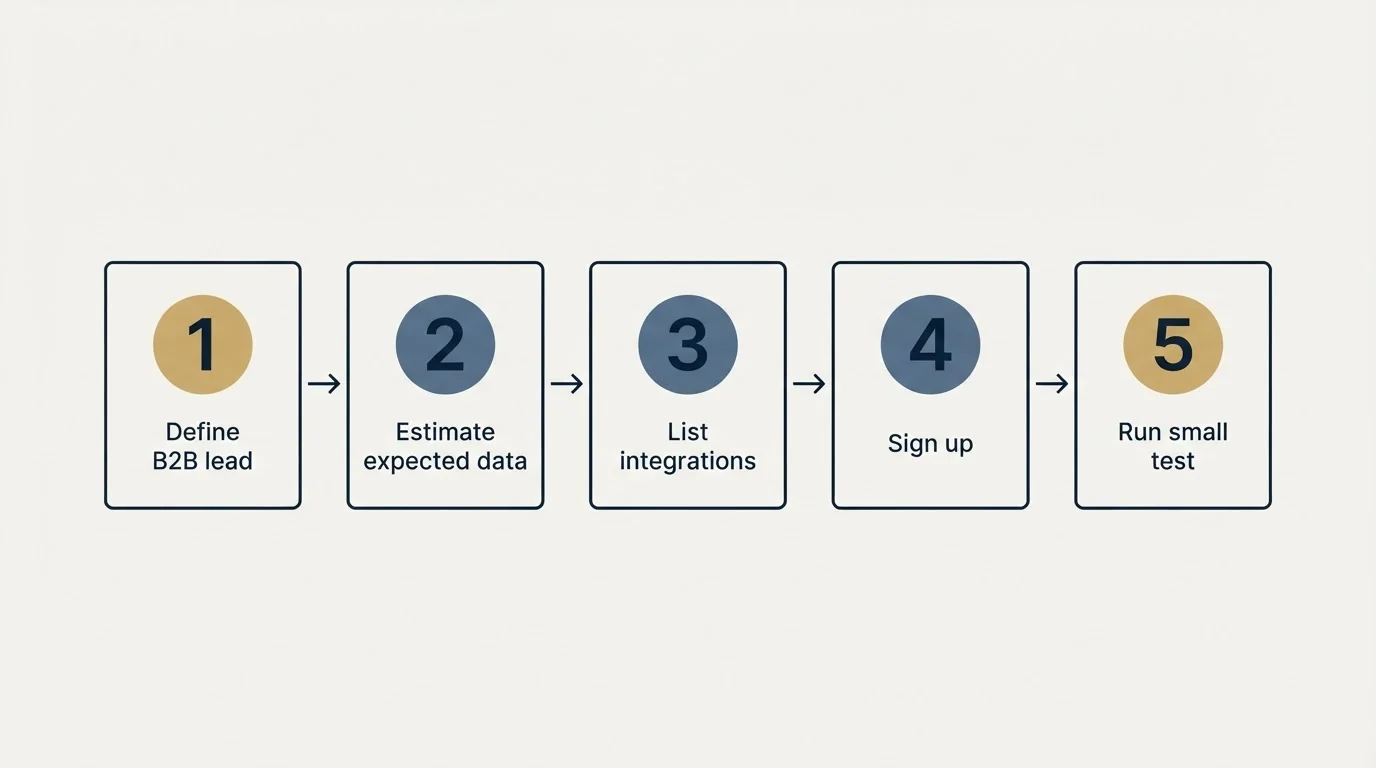 Step sequence: Getting Started Checklist (Define B2B lead, Estimate expected data, List integrations, Sign up)