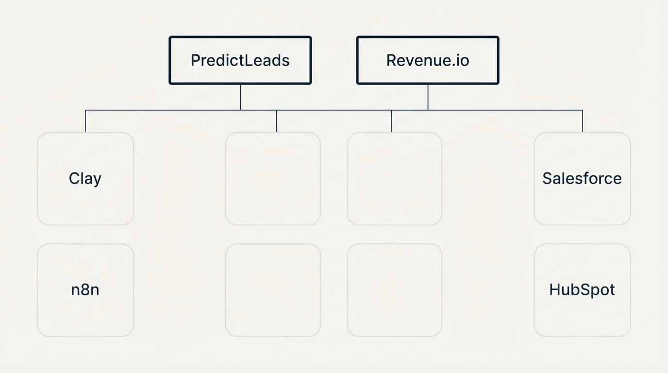 Integration grid: Integration Ecosystem (PredictLeads, Revenue.io, Clay, Salesforce)