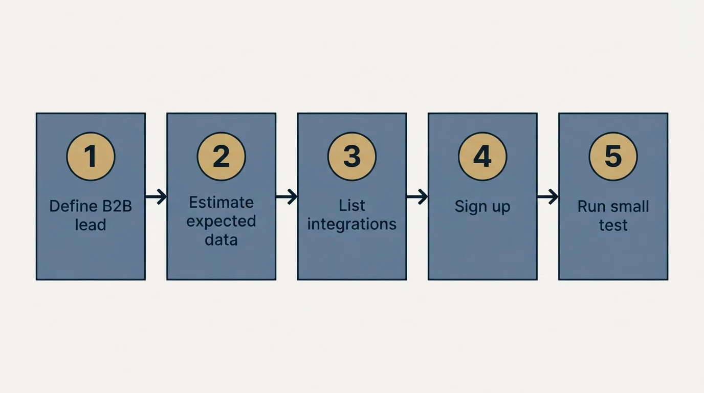 Step sequence: Getting Started Checklist (Define B2B lead, Estimate expected data, List integrations, Sign up)