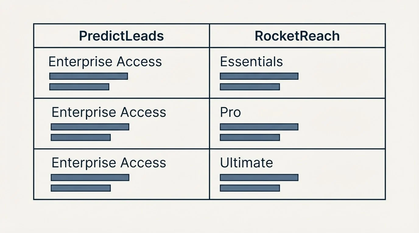 Pricing table: Pricing Comparison (PredictLeads, RocketReach, Enterprise Access, Essentials)