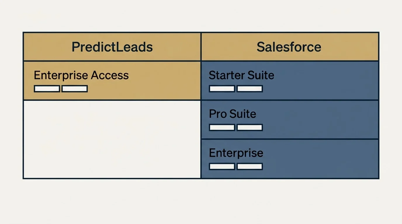 Pricing table: Pricing Comparison (PredictLeads, Salesforce, Enterprise Access, Starter Suite)