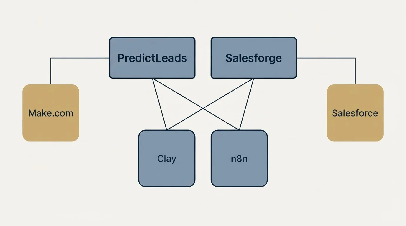 Integration grid: Integration Ecosystem (PredictLeads, Salesforge, Clay, n8n)