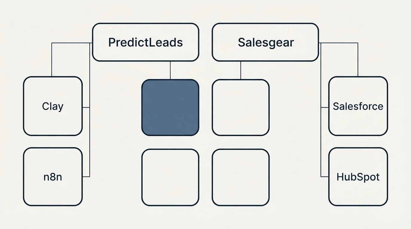 Integration grid: Integration Ecosystem (PredictLeads, Salesgear, Clay, Salesforce)