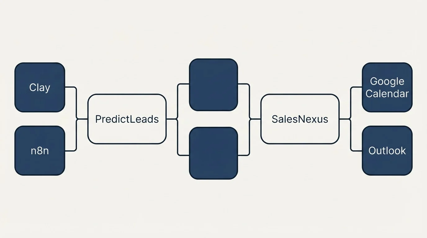 Integration flow: Integration Ecosystem (PredictLeads, SalesNexus, Clay, Google Calendar)