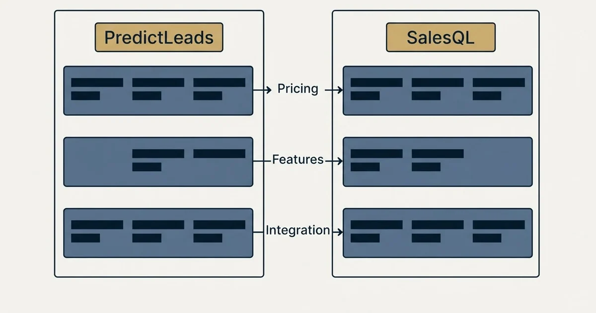 Comparison panel: PredictLeads vs SalesQL (Pricing, Features, Integration)