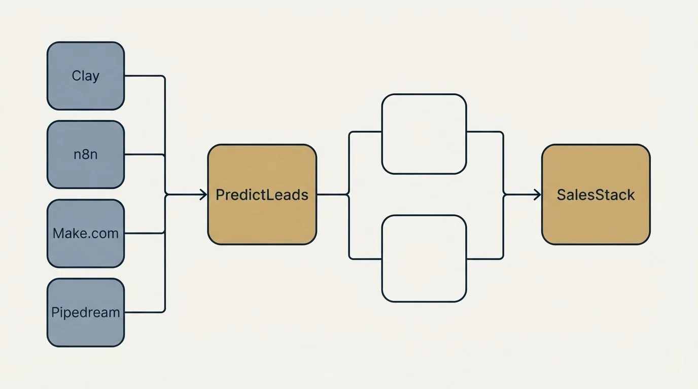 Integration flow: Integration Ecosystem (PredictLeads, SalesStack, Clay, n8n)