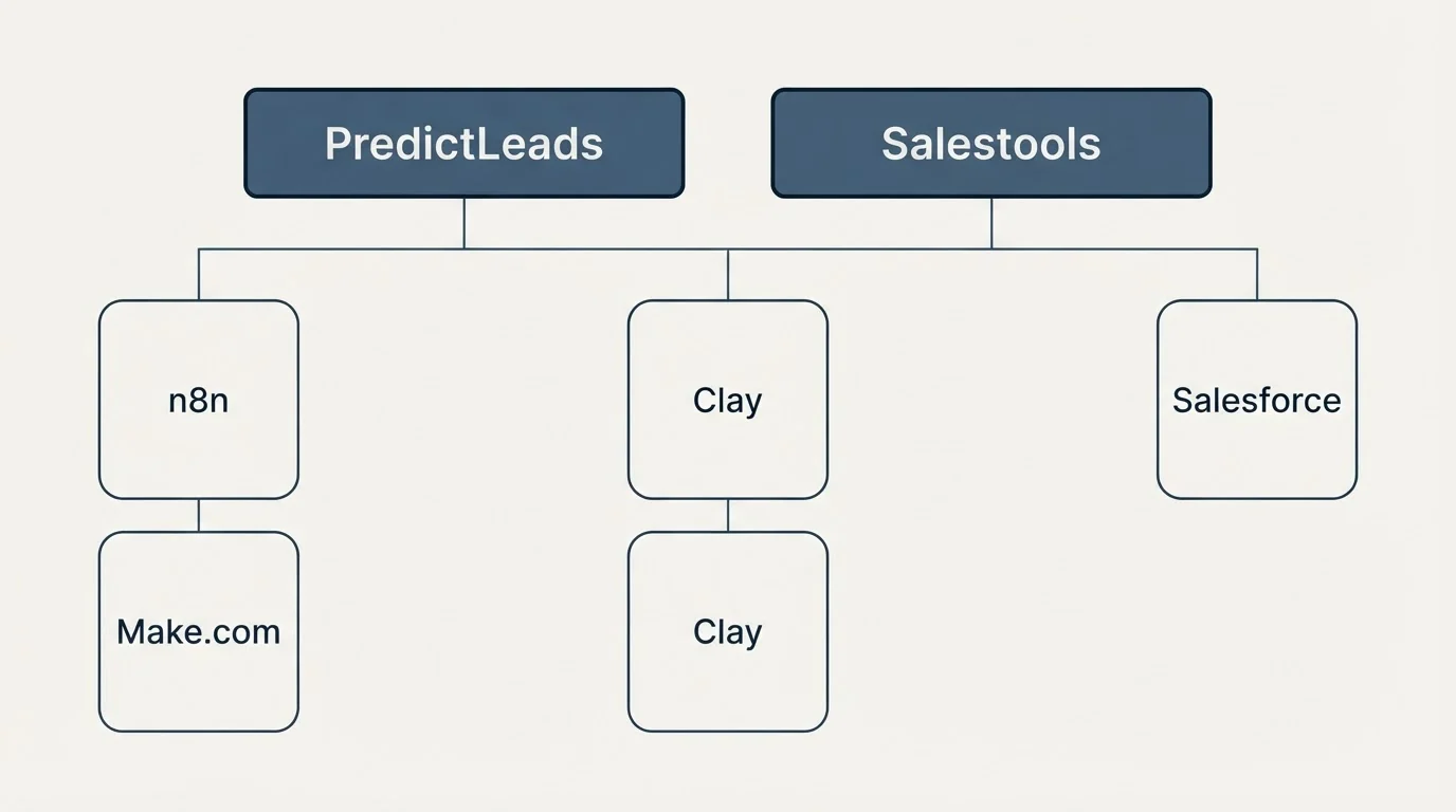Integration grid: Integration Ecosystem (PredictLeads, Salestools, Clay, n8n)