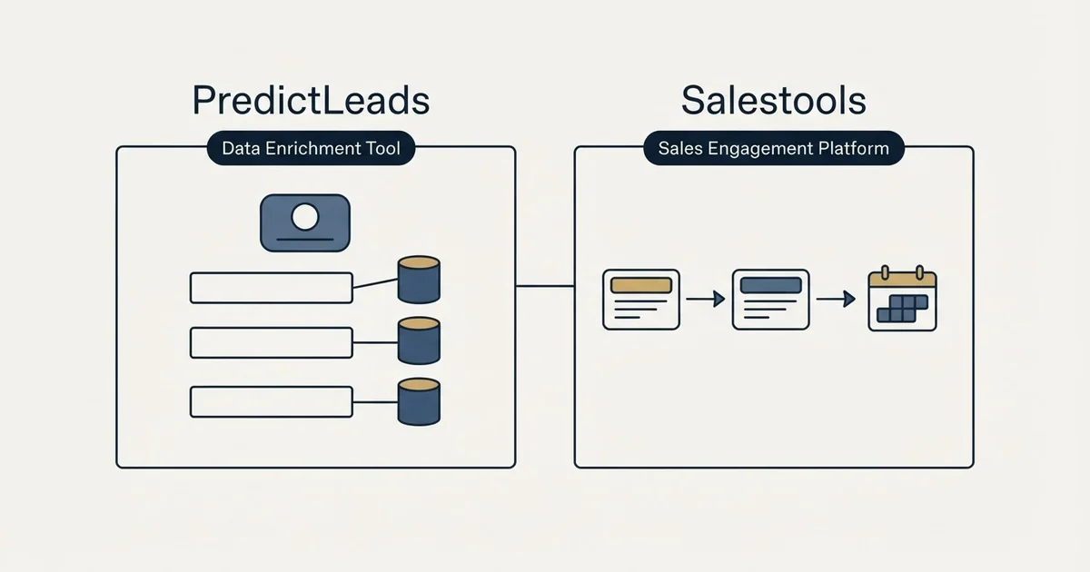 Side-by-side panels: PredictLeads vs Salestools (Data Enrichment Tool, Sales Engagement Platform)