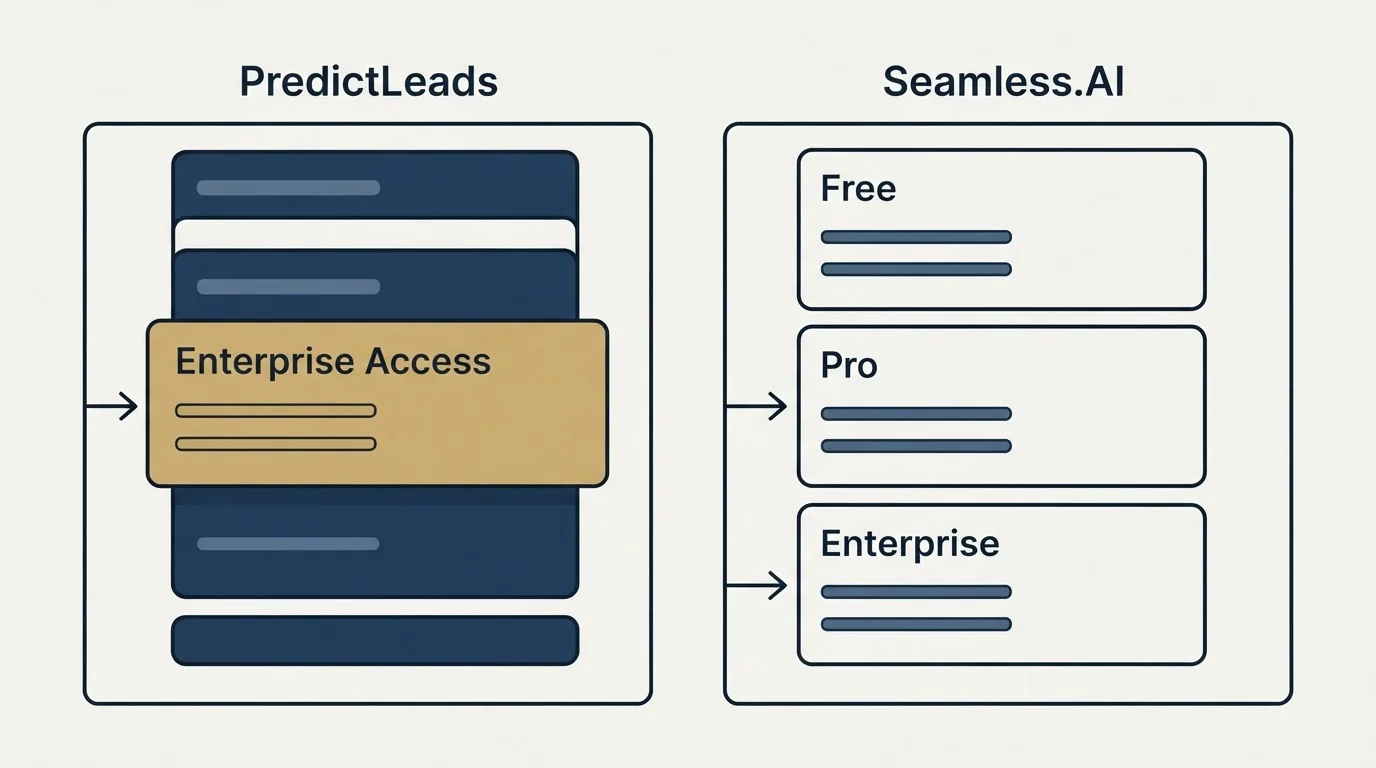 Pricing panels: Pricing Comparison (PredictLeads, Seamless.AI, Enterprise Access, Free)
