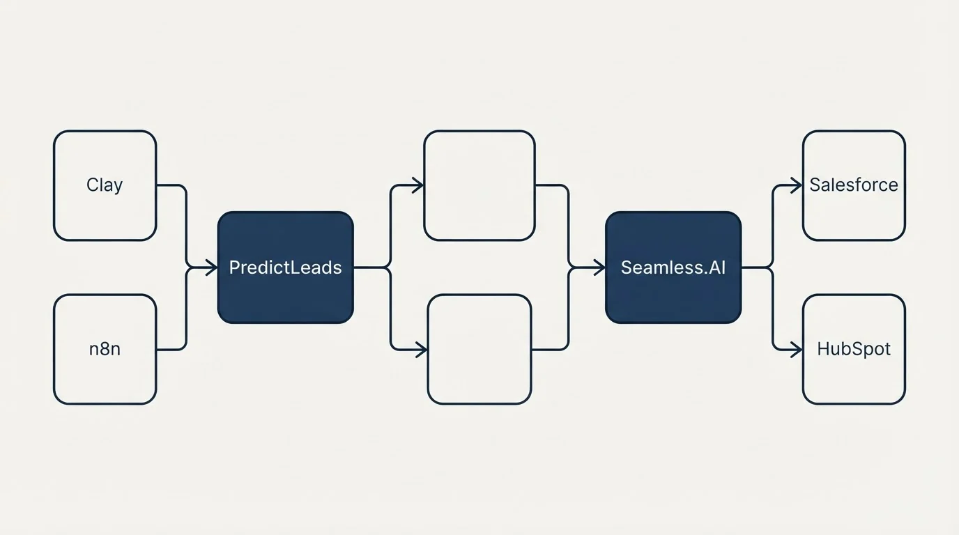 Integration schematic: Integration Ecosystem (PredictLeads, Seamless.AI, Clay, Salesforce)