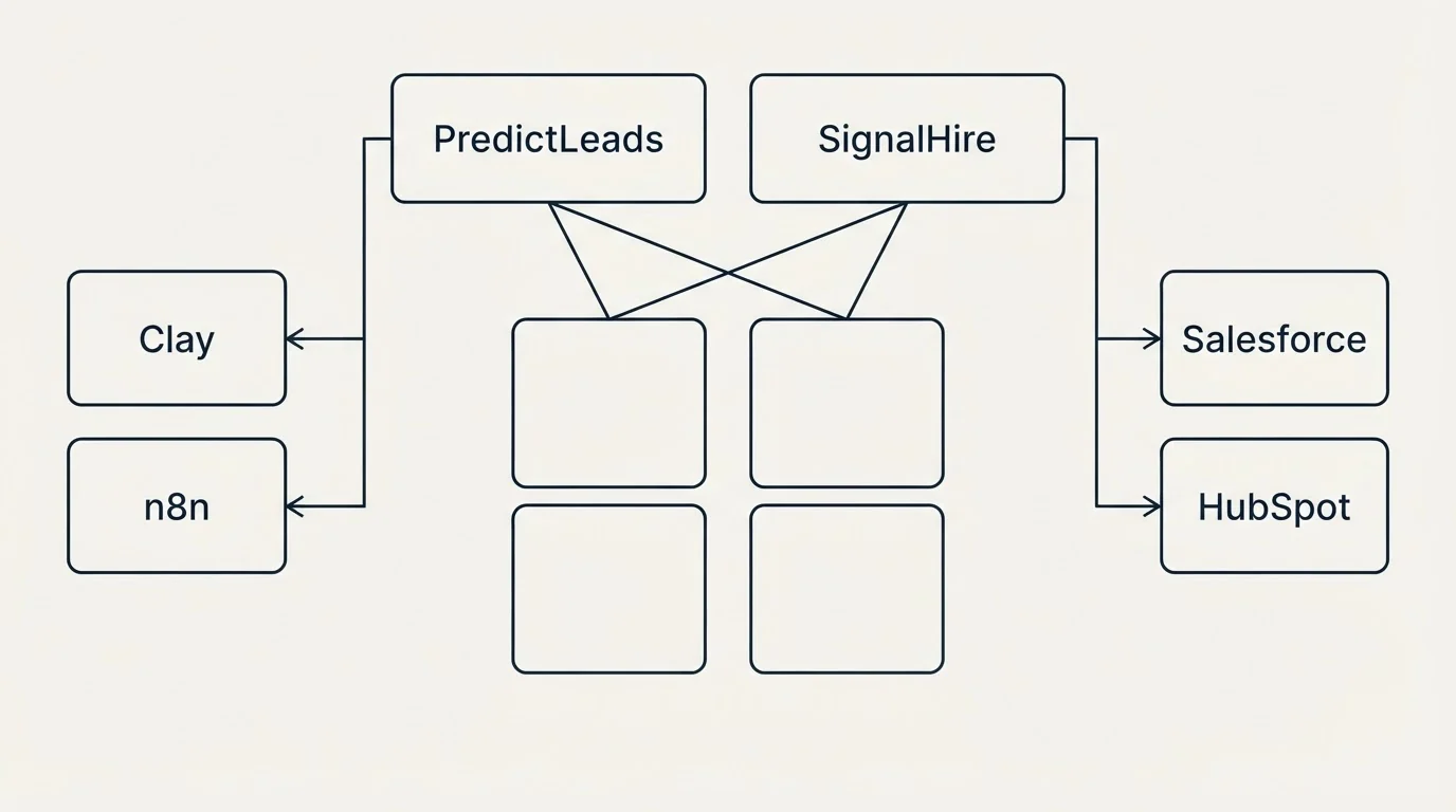 Integration grid: Integration Ecosystem (PredictLeads, SignalHire, Clay, Salesforce)