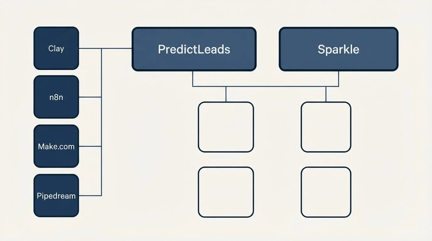 Integration grid: Integration Ecosystem (PredictLeads, Sparkle, Clay, n8n)
