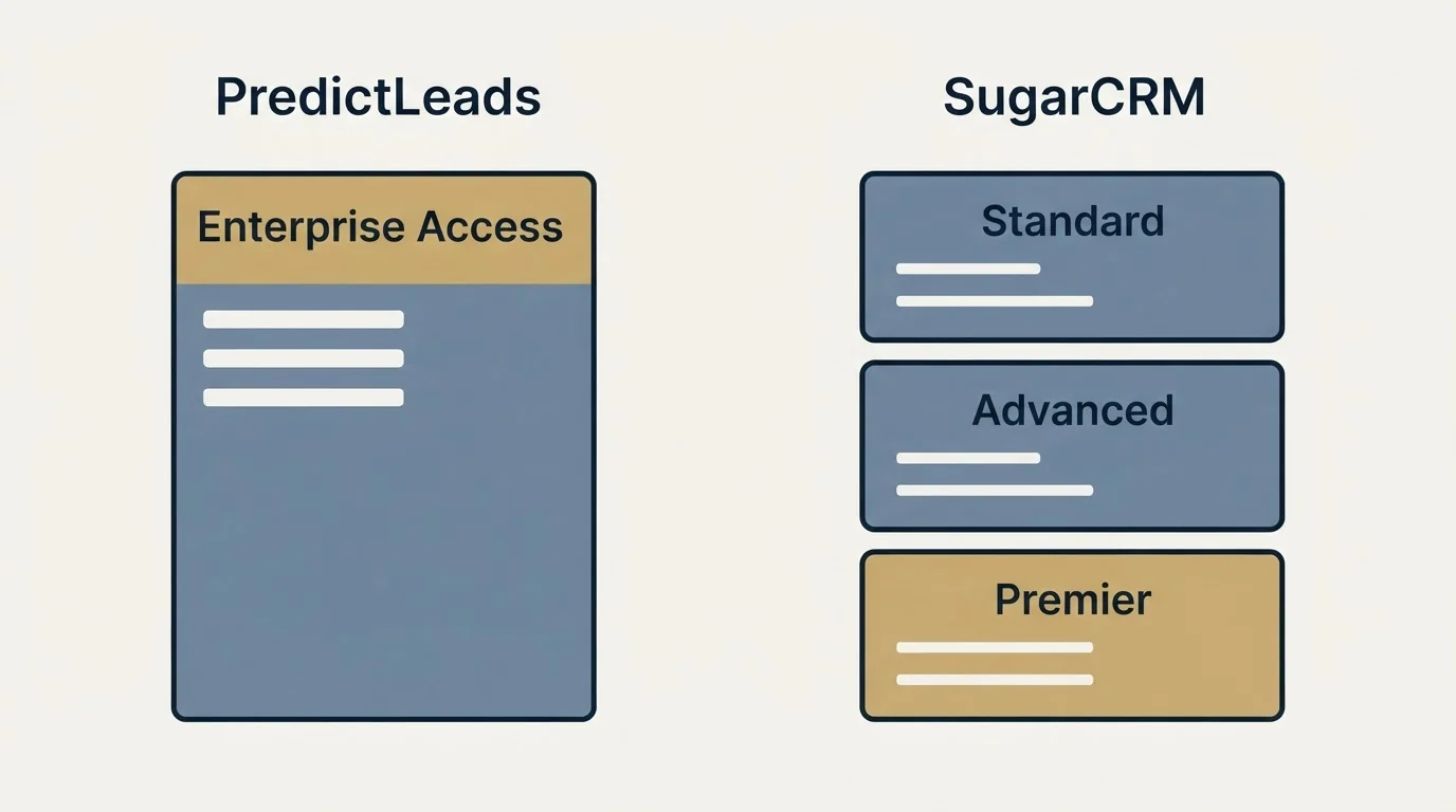Pricing panels: Pricing Comparison (PredictLeads, SugarCRM, Enterprise Access, Standard)