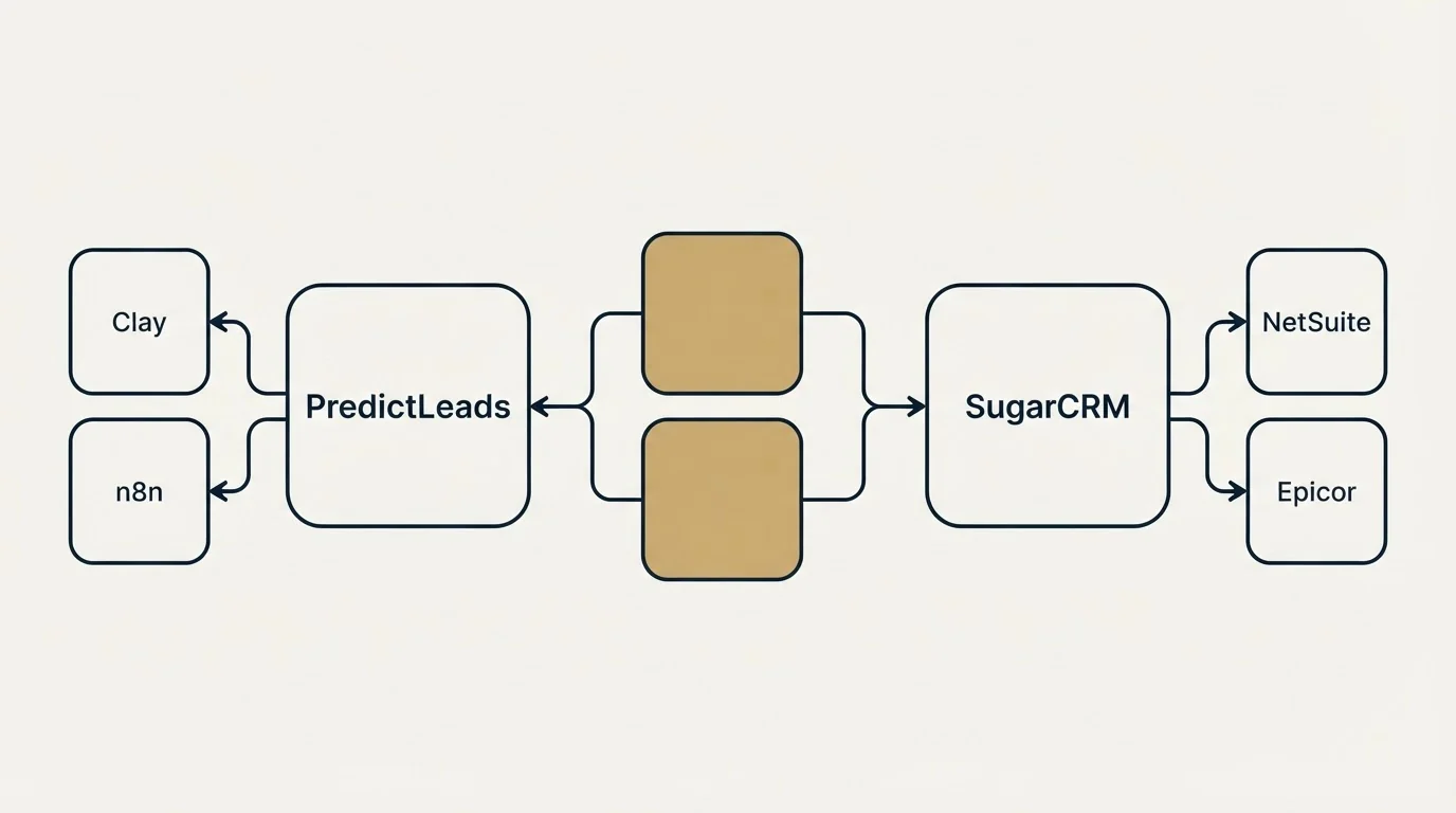 Integration schematic: Integration Ecosystem (PredictLeads, SugarCRM, Clay, NetSuite)