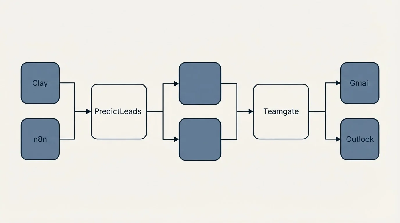 Integration flow: Integration Ecosystem (PredictLeads, Teamgate, Clay, Gmail)