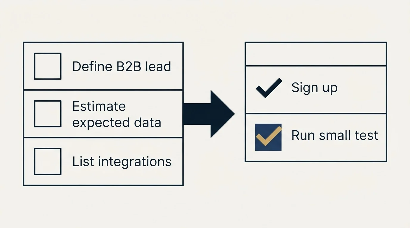 Before-and-after steps: Getting Started Checklist (Define B2B lead, Estimate expected data, List integrations, Sign up)