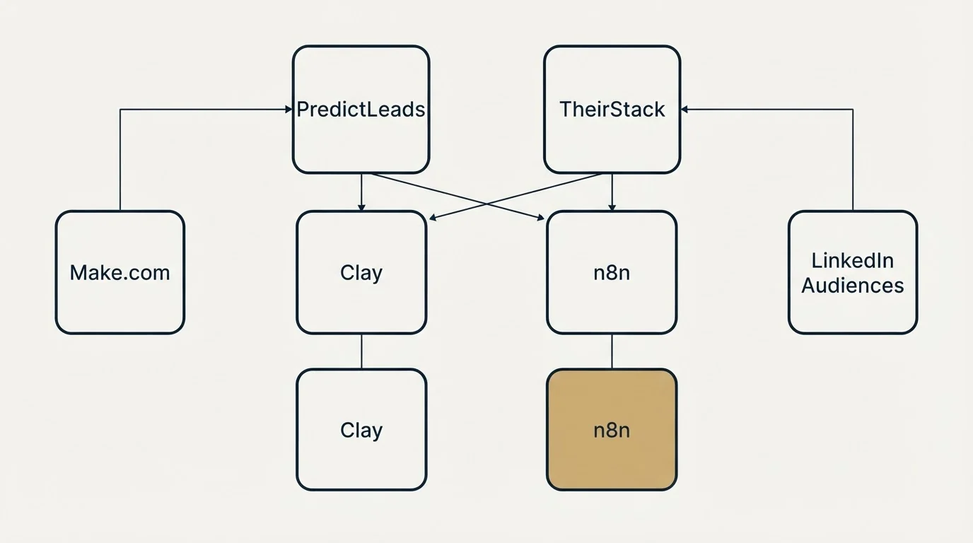 Integration grid: Integration Ecosystem (PredictLeads, TheirStack, Clay, n8n)