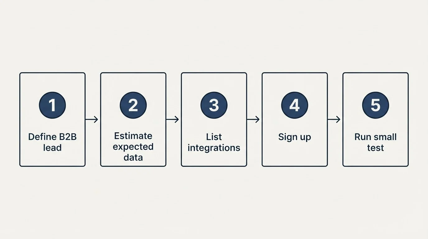 Step sequence: Getting Started Checklist (Define B2B lead, Estimate expected data, List integrations, Sign up)
