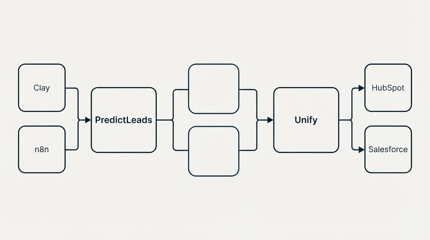 Integration schematic: Integration Ecosystem (PredictLeads, Unify, Clay, HubSpot)