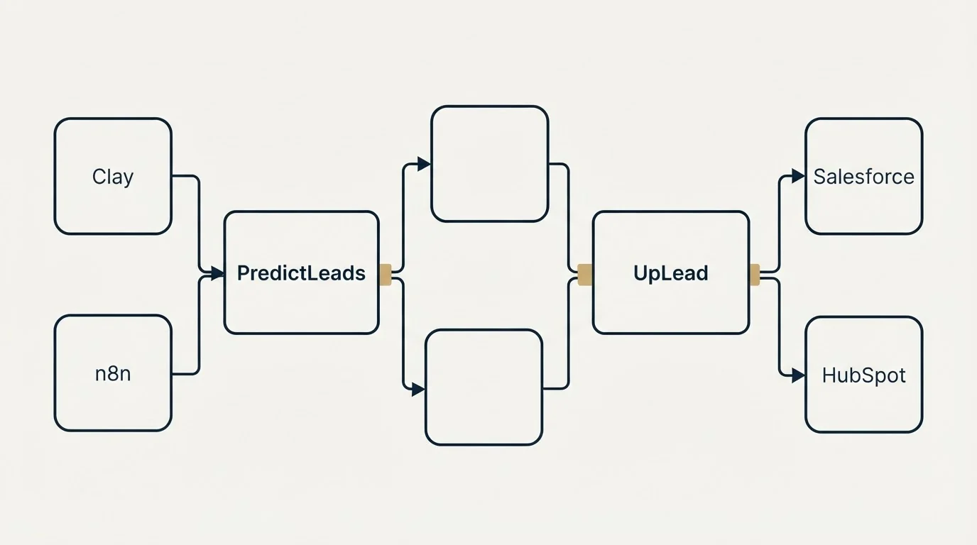 Integration flow: Integration Ecosystem (PredictLeads, UpLead, Clay, Salesforce)
