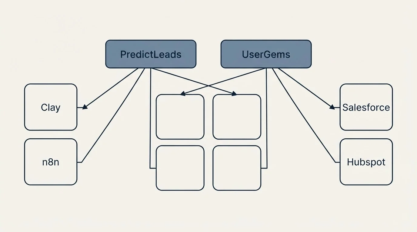 Integration grid: Integration Ecosystem (PredictLeads, UserGems, Clay, Salesforce)