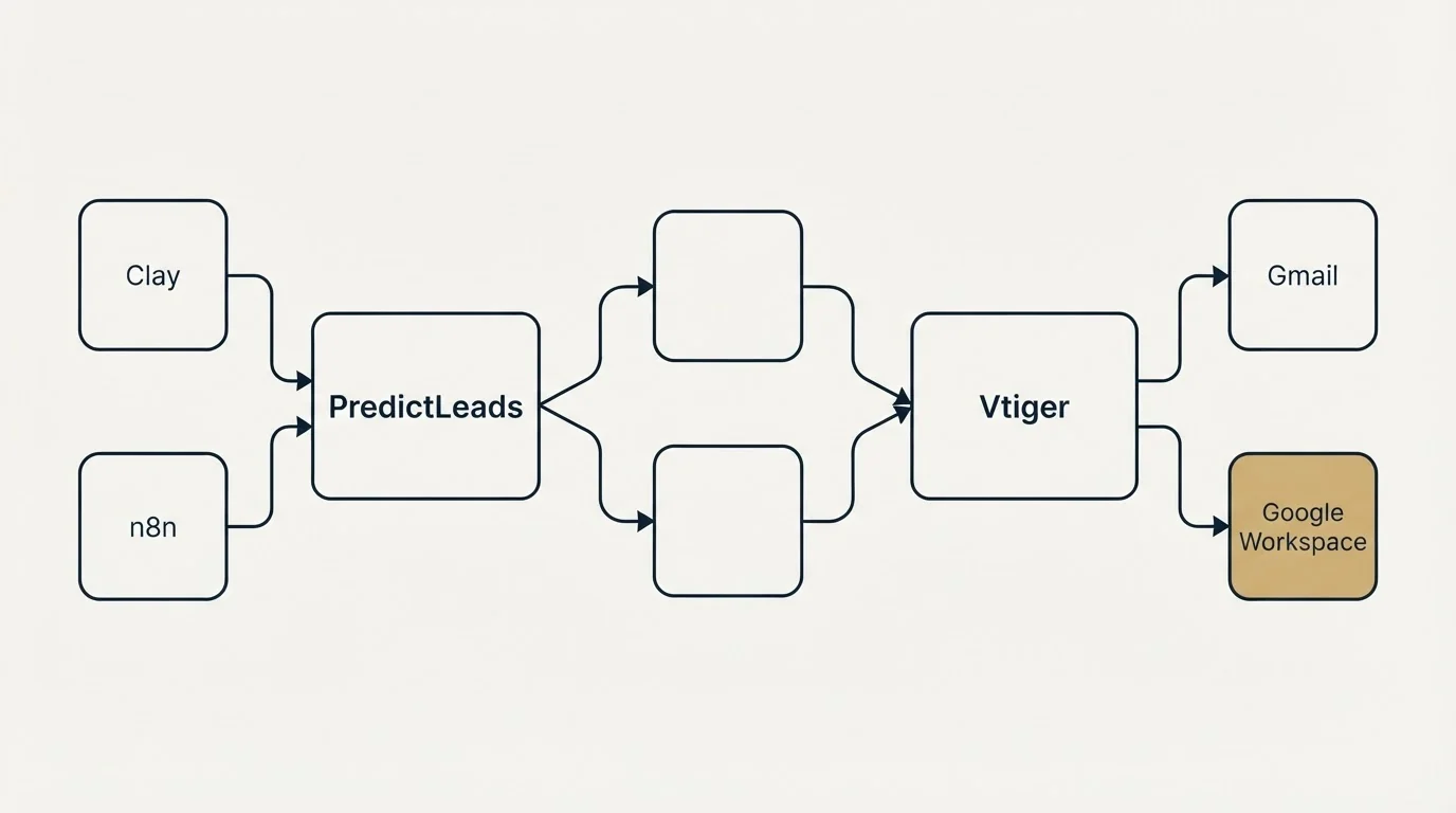 Integration schematic: Integration Ecosystem (PredictLeads, Vtiger, Clay, Gmail)