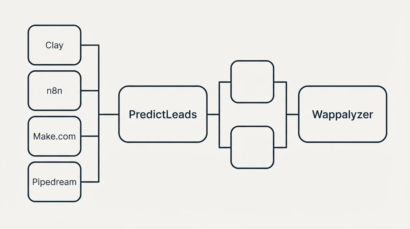 Integration flow: Integration Ecosystem (PredictLeads, Wappalyzer, Clay, n8n)