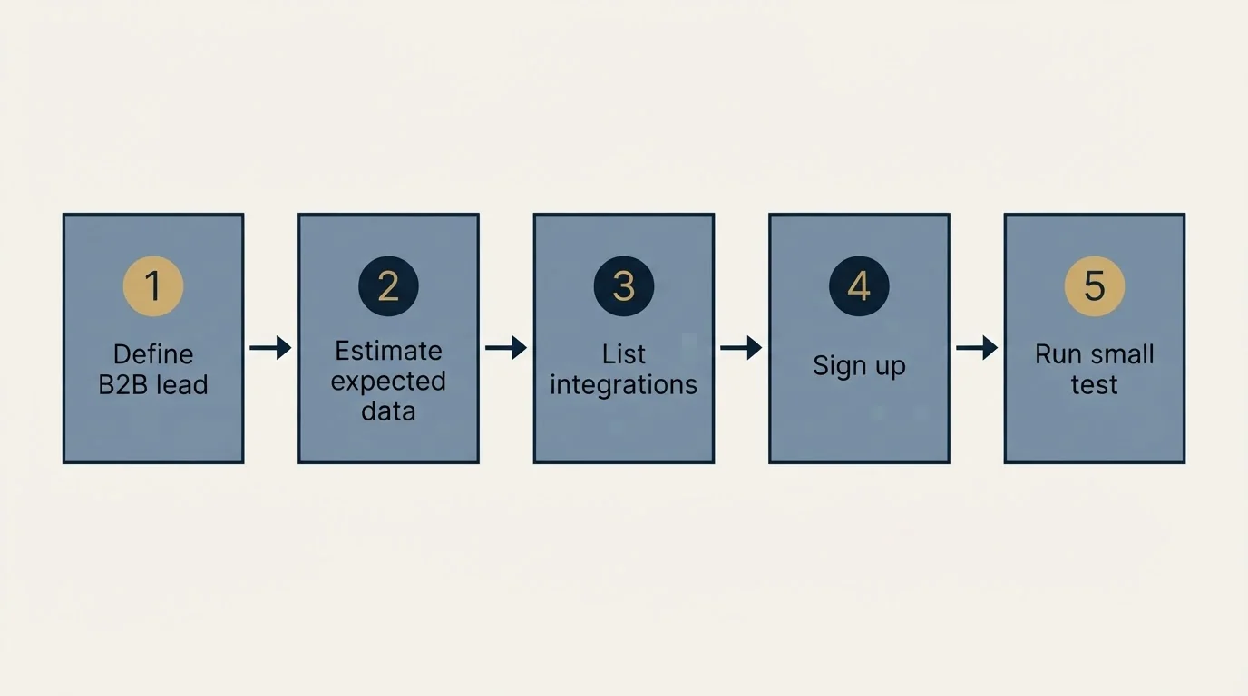Step sequence: Getting Started Checklist (Define B2B lead, Estimate expected data, List integrations, Sign up)