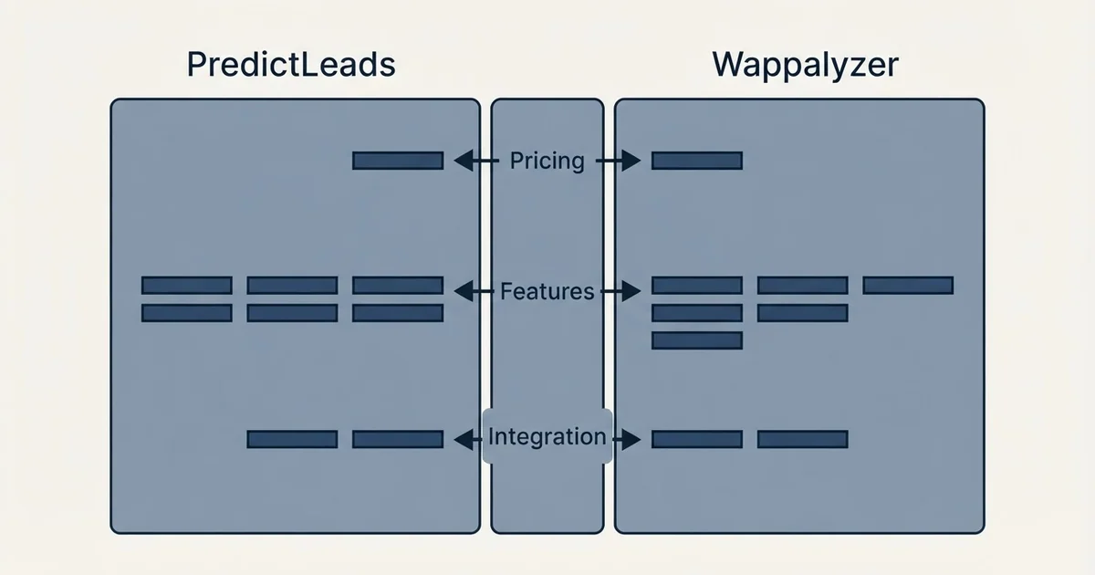 Comparison panel: PredictLeads vs Wappalyzer (Pricing, Features, Integration)