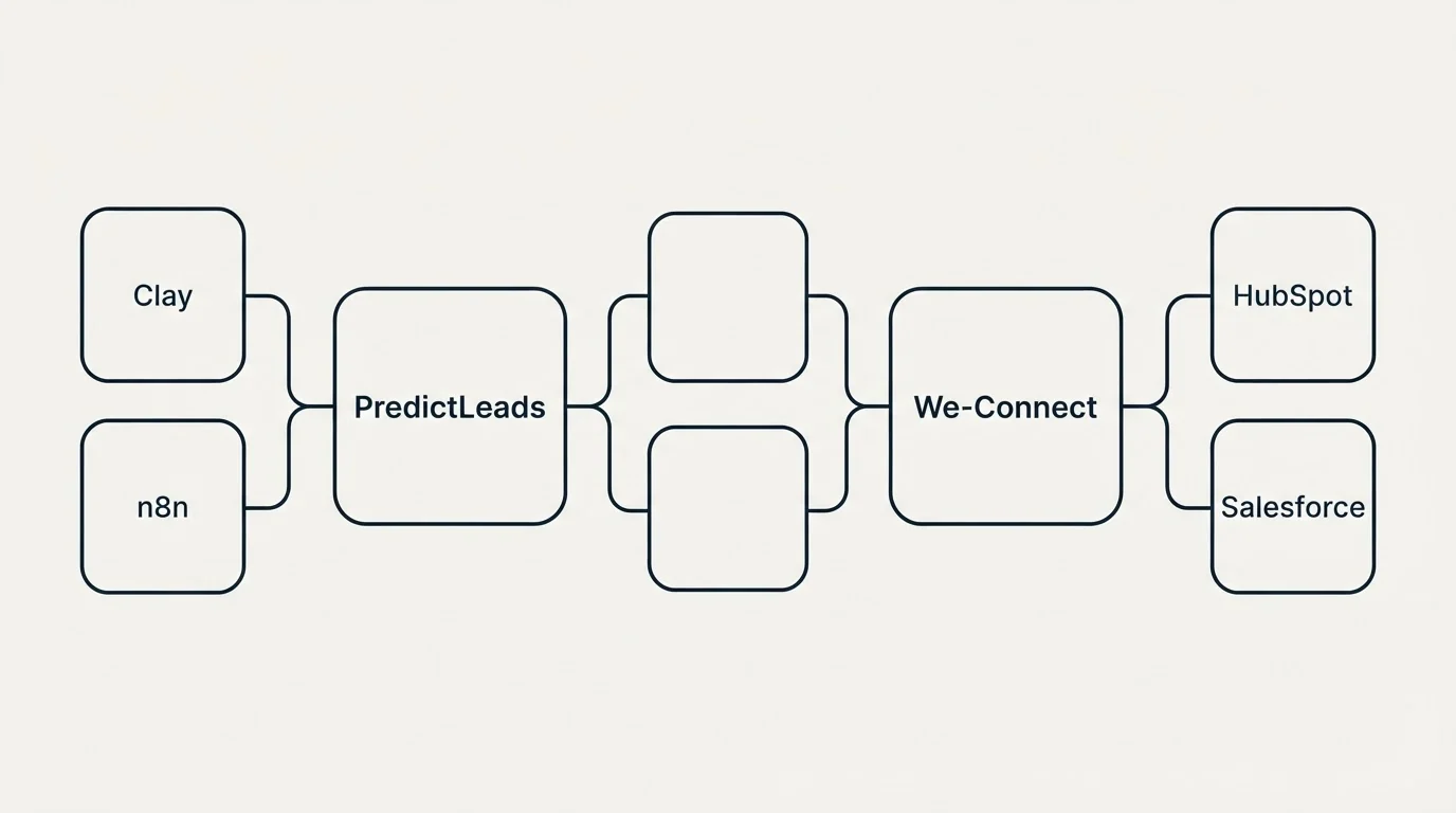 Integration schematic: Integration Ecosystem (PredictLeads, We-Connect, Clay, HubSpot)