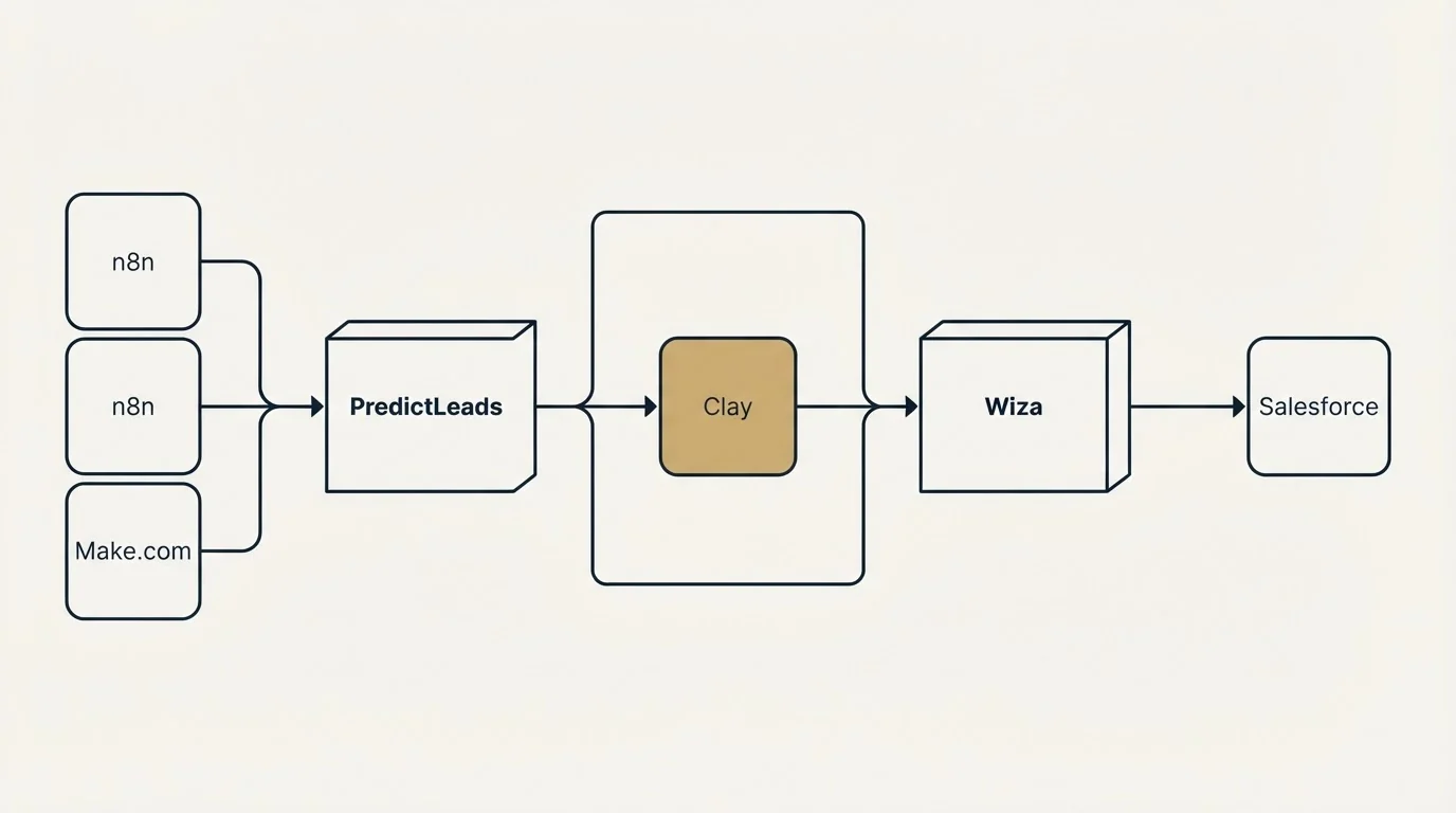 Integration flow: Integration Ecosystem (PredictLeads, Wiza, Clay, n8n)